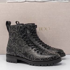 Jimmy Choo Cruz Flat Star Studded Black Leather Boot Size 38 EU (8 US)